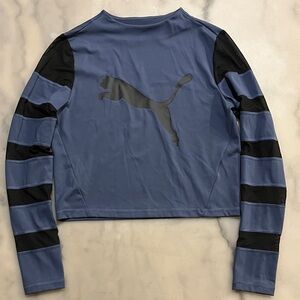 Puma Blue and Black Mesh Striped Long Cropped Sleeve Athletic Stretch Shirt